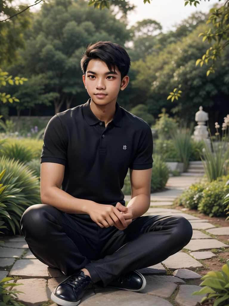 A portrait of a young Indonesian man with short hair, wearing a black polo shirt, black trousers, and black shoes. Sitting in a serene rustic garden, he creates a calm and elegant atmosphere. The simplicity of his attire blends perfectly with the natural beauty of the garden, resulting in a captivating photo.