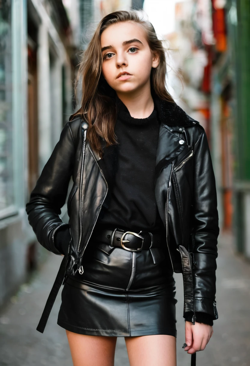 15 year old girl in a black mini skirt with a belt, and a black down leather jacket with a belt