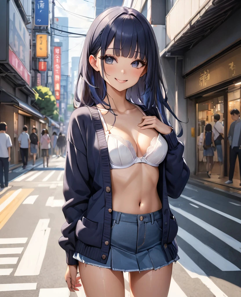 (((masterpiece, highest quality:1.3,absurdres))),20 year old beauty,solo,((very small head:1.2)),long hair,bangs,dark blue hair,dark blue eyes,gorgeous eyes,blush,smile,medium breasts,((very long body)),((toned body:1.2,slender body)),skinny,gleaming skin,shiny skin,((Navy blue cardigan、White bra、Blue denim miniskirt)),on street,Tokyo、