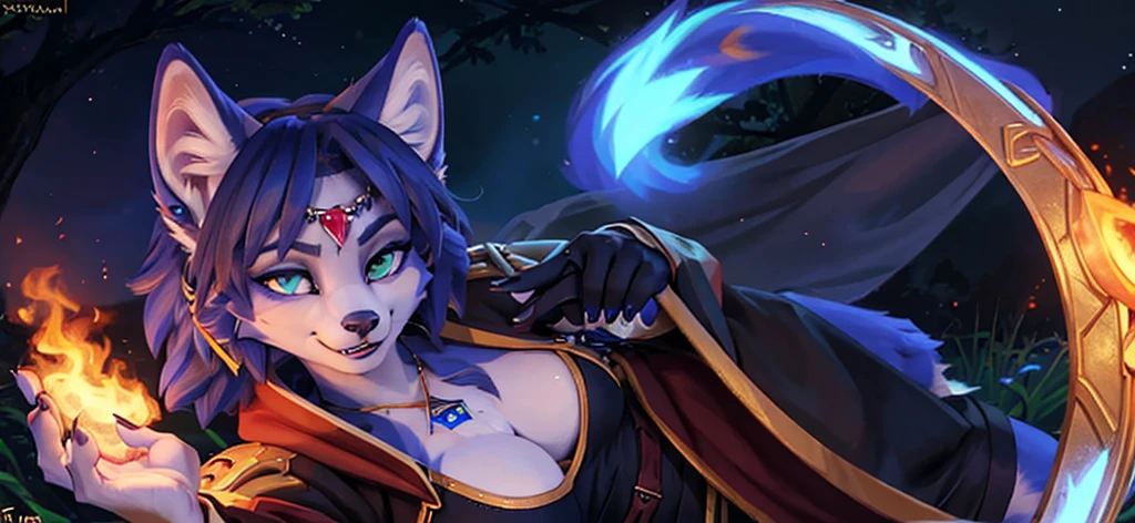 A beautiful and detailed (sweet portrait) von ((Krystal)), Sternenfuchs Krystal, Schlank, liebenswert, green eyes, medium breasts, (((Lange blaue Haare 1.3))), ((schwarze haarspitzen)), Dekollete, Grinsen, hoch schauen,, anthro, Pelzig, Hochgeladen E621, detailed flauschige fur, (von Fluff-Kevlar, Bayard Wu, Personalami, Pino Daeni), detailliertes Gesicht, (flauschige), 1 girl, Allein, Stammes-Kleidung, sweet girl, solo, wears a mages robe