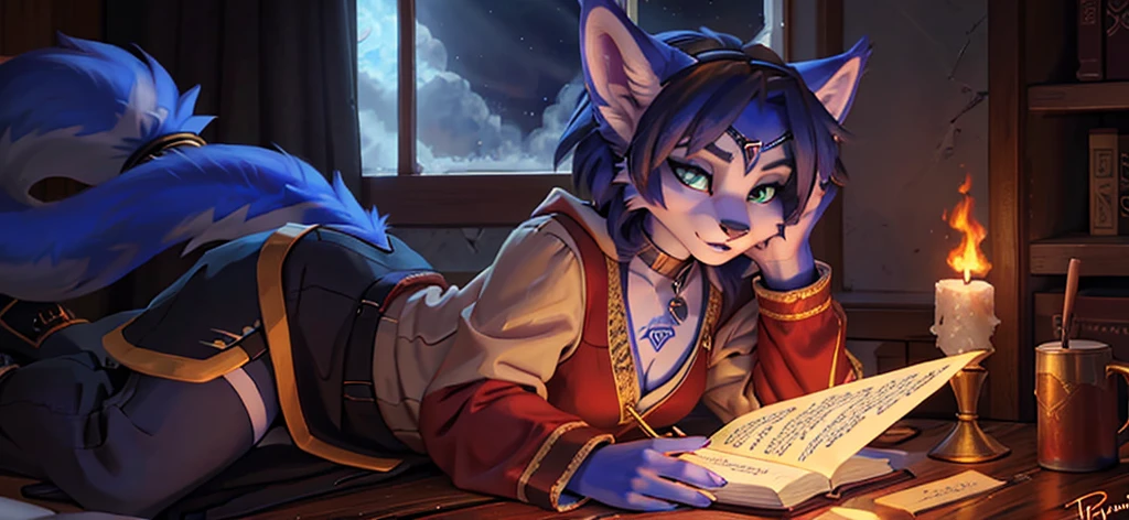 A beautiful and detailed (sweet picture) von ((Krystal)), Sternenfuchs Krystal, Schlank, liebenswert, green eyes, medium breasts, (((Lange blaue Haare 1.3))), ((schwarze haarspitzen)), Dekollete, Grinsen, hoch schauen,, anthro, Pelzig, Hochgeladen E621, detailed flauschige fur, (von Fluff-Kevlar, Bayard Wu, Personalami, Pino Daeni), detailliertes Gesicht, (flauschige), 1 girl, Allein, Stammes-Kleidung, sweet girl, solo, wears a mages robe