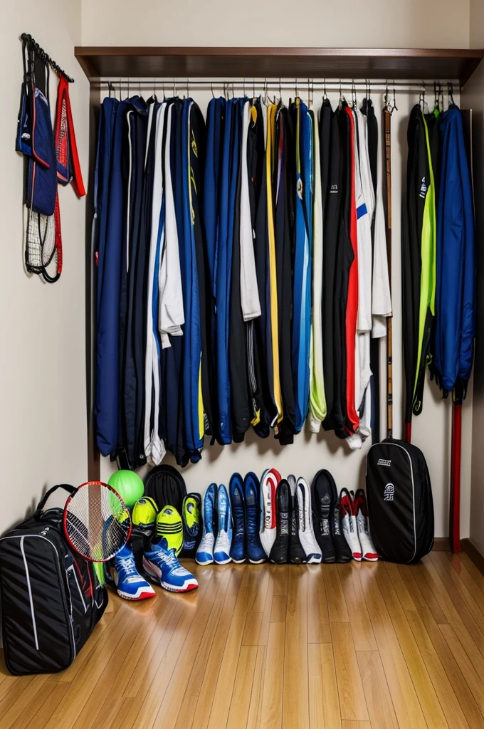 In one corner of the room was an open sports bag. Inside the bag was a badminton racket and some badminton rackets. It also looked like a pair of sports shoes