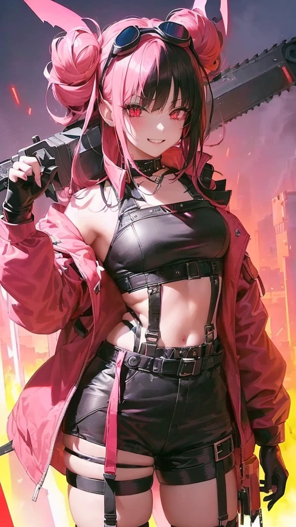 ltra-detailed, Girl, beautiful eyes, red eyes, , cute figure, cute face, smirk, scary smile, executioner, cyberpunk style goggles on head, sharp eyes, wild and daring, hair color is pink gradient with black accent on left side only, hair in bun , bob-cut bangs, dressed as a dystopian punk, large military design jacket, black shorts, thigh-high knee socks, boots, leather gloves with fingers cut off, chainsaw with pretty decorations on hand, pink cloth-clad hell's death squad in background Strong men, composition like a scene from a movie, 16K. a scene from a movie, 16K, top quality, masterpiece