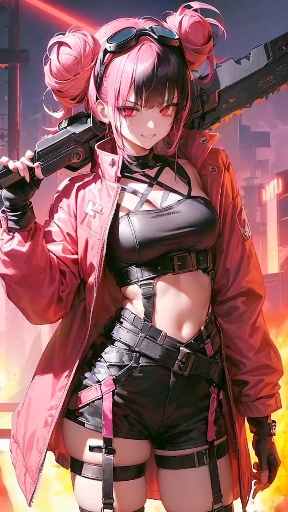 ltra-detailed, Girl, beautiful eyes, red eyes, , cute figure, cute face, smirk, scary smile, executioner, cyberpunk style goggles on head, sharp eyes, wild and daring, hair color is pink gradient with black accent on left side only, hair in bun , bob-cut bangs, dressed as a dystopian punk, large military design jacket, black shorts, thigh-high knee socks, boots, leather gloves with fingers cut off, chainsaw with pretty decorations on hand, pink cloth-clad hell's death squad in background Strong men, composition like a scene from a movie, 16K. a scene from a movie, 16K, top quality, masterpiece