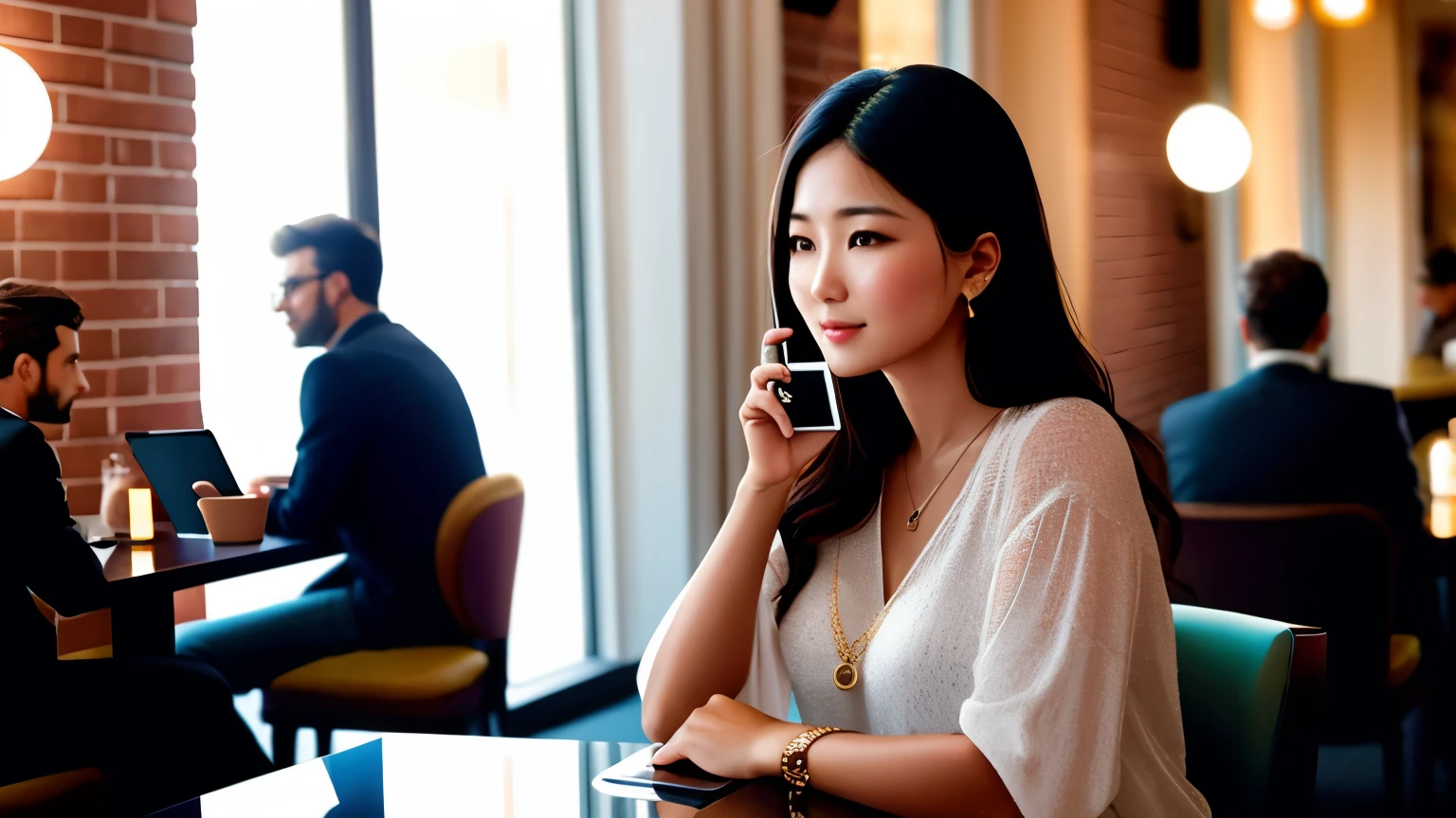 **Image:** A young woman in a luxury cafe, reading messages on her smartphone. Several men of different ages around, visibly impressed and interested in her. Some older men are clearly drooling as they look at her, while she flashes a smug smile. The phrase "I will never date poor people" is visually highlighted as if it were a speech bubble. 8K uhd, alta qualidade, volumetric light, tiro furtivo, foto, high resolution, 4k, 8K, Bokeh