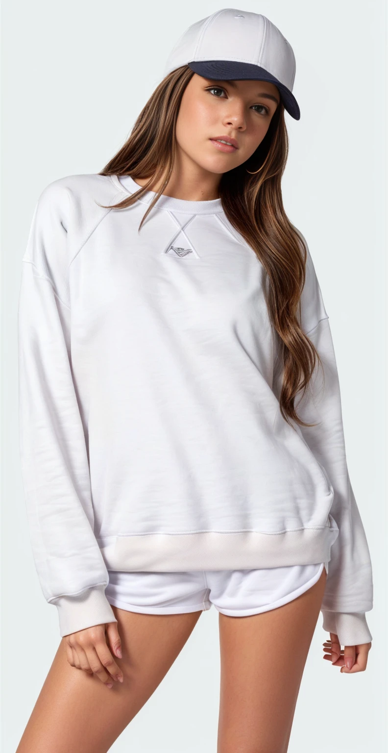 a woman wearing a white sweatshirt and shorts with a baseball cap, vestindo moletom, light cinza, designed for a cozy aesthetic!, cinza sweater, cinza, solid gray, moleton branco, Roupa casual, Roupas detalhadas, superdimensionado, wearing a cinza sweatshirt, Moletom cinza, moda casual, Manga compridas, Manga comprida, Julia Colina, light cinza 