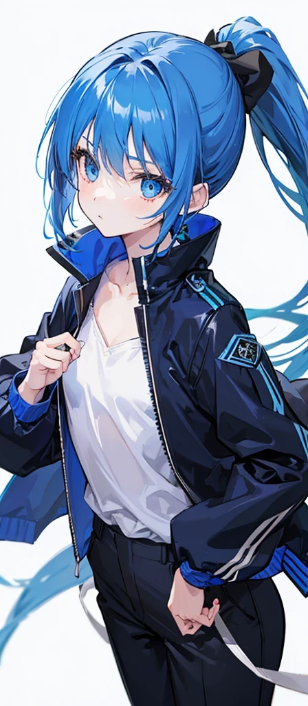 Girl，flat chest，Blue hair and eyes，High Ponytail，Dark blue long sleeves and jacket。trousers，Pure white background，Short stature。