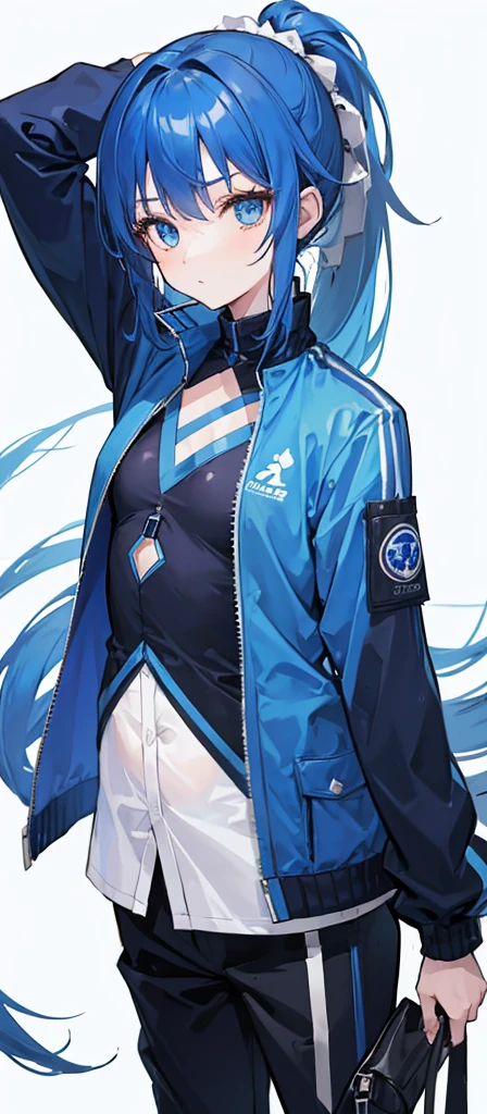 Girl,flat chest,Blue hair and eyes,High Ponytail,Dark blue long sleeves and jacket。trousers,Pure white background,Short stature。