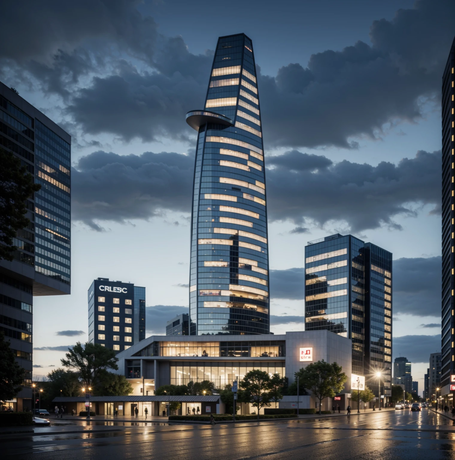 laowang, landscape with wild grass foreground, building, urban, Commercial, terrace, reflection, rainny, rain, humidity,((masterpiece)), (cyberpunk1.3), high las ((best quality:1.4)), (ultra-high resolution:1.2), (realistic:1.4),(8k:1.2), nsanely detailed, buildings, architecture, interior light, landscape, art artarchitecture, (Curvilinear architecture:1.2), masterpiece, realistic, best quality, high-rise office building, architectural renderings, horizen facade, tree, vehicle, andscape, cloudy_sky, road, street, city, curtain wall, high-rise complex, futurism,Science and technology style,Night scene,City light,