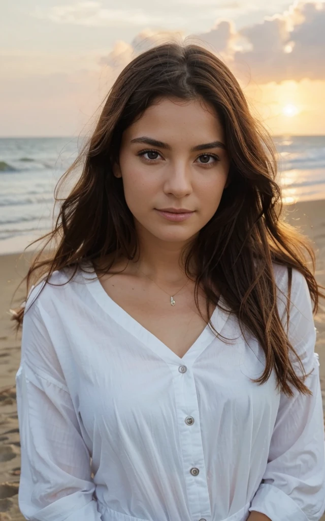 Photo de face d&#39;une femme européenne de 25 ans, pointing at the camera, cheveux bruns, serious, (détail de peau incroyable: 1.4), (genuine leather: 1.2), (pores: 0.6), Composer,  Red lips, (detailed eyes: 1.2), sur la plage, studio, bordure claire, atmosphère sombre, (les hanches: 1.2), photo, cinematic, photorealistic, ultra-realistic, fille convenable, fitted dress, ideal figure, ideal anatomy, Brunette Aux Yeux Bleus Rebecca, sein nue