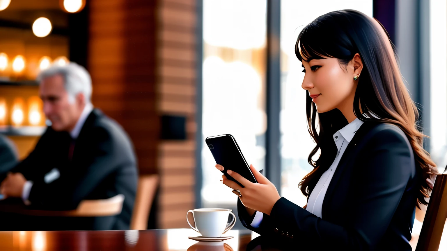 **Image:** A young woman in a luxury cafe, reading messages on her smartphone. Several men of different ages around, visibly impressed and interested in her. Some older men are clearly drooling as they look at her, while she flashes a smug smile. The phrase "I will never date poor people" is visually highlighted as if it were a speech bubble.   8K uhd, alta qualidade, volumetric light, tiro furtivo, foto, high resolution, 4k, 8K, Bokeh