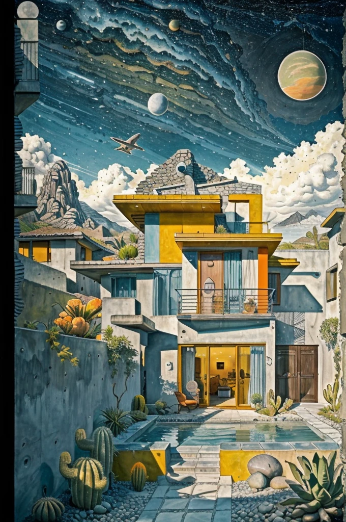 An illustration in collage style, with giant boulders, brutalist building sections, terraces, stairs, cacti, agave, concrete texture, multiple geometric shapes, hatch and cross hatching, planet saturn, volcano, moon, Luis Barragán's architectural style build, milky way galaxy, violet, one motorcycle, An illustration in collage style, with giant boulders, brutalist building sections, stairs, cacti, agave, concrete texture, multiple geometric shapes, hatch and cross hatching, planet saturn, volcano, moon, Luis Barragán's architectural style build, reflective pool, terraces. An elegant and modern build, in top of big boulders, with terraces, materials concrete, wood, steel and crystal, various gardens with tropical vegetation, cacti and rocks, stairs, a pool. In middle of sea, a big wave near, sunset, mountains and a volcano in the horizont, cute islands around, illustration format, cute color palette, detailed, masterpiece, award-winning work, clouds, Illustration, a garden with abundant cacti, ((various organic sculptures)), ((big rocks)), (((multiple sections))), collage style, detailed, (((color palette (olive green), (Mustard orange), cool grey, ((blue)), black and white))), (((a lot Luis barragán's architecture style builds))) big clouds, volcano in horizon, stairs, in the desert. ((masterpiece, best quality)),illustration,ultra detailed 8k, ((Ori Toor visual style)),soviet, megabuildings, megastructures, buildings, organic steel sculpture