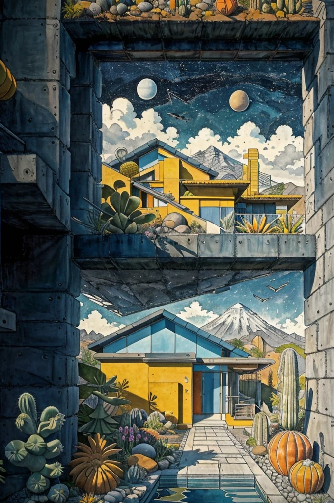 An illustration in collage style, with giant boulders, brutalist building sections, terraces, stairs, cacti, agave, concrete texture, multiple geometric shapes, hatch and cross hatching, planet saturn, volcano, moon, Luis Barragán's architectural style build, milky way galaxy, violet, one motorcycle, An illustration in collage style, with giant boulders, brutalist building sections, stairs, cacti, agave, concrete texture, multiple geometric shapes, hatch and cross hatching, planet saturn, volcano, moon, Luis Barragán's architectural style build, reflective pool, terraces. An elegant and modern build, in top of big boulders, with terraces, materials concrete, wood, steel and crystal, various gardens with tropical vegetation, cacti and rocks, stairs, a pool. In middle of sea, a big wave near, sunset, mountains and a volcano in the horizont, cute islands around, illustration format, cute color palette, detailed, masterpiece, award-winning work, clouds, Illustration, a garden with abundant cacti, ((various organic sculptures)), ((big rocks)), (((multiple sections))), collage style, detailed, (((color palette (olive green), (Mustard orange), cool grey, ((blue)), black and white))), (((a lot Luis barragán's architecture style builds))) big clouds, volcano in horizon, stairs, in the desert. ((masterpiece, best quality)),illustration,ultra detailed 8k, ((Ori Toor visual style)),soviet, megabuildings, megastructures, buildings, organic steel sculpture