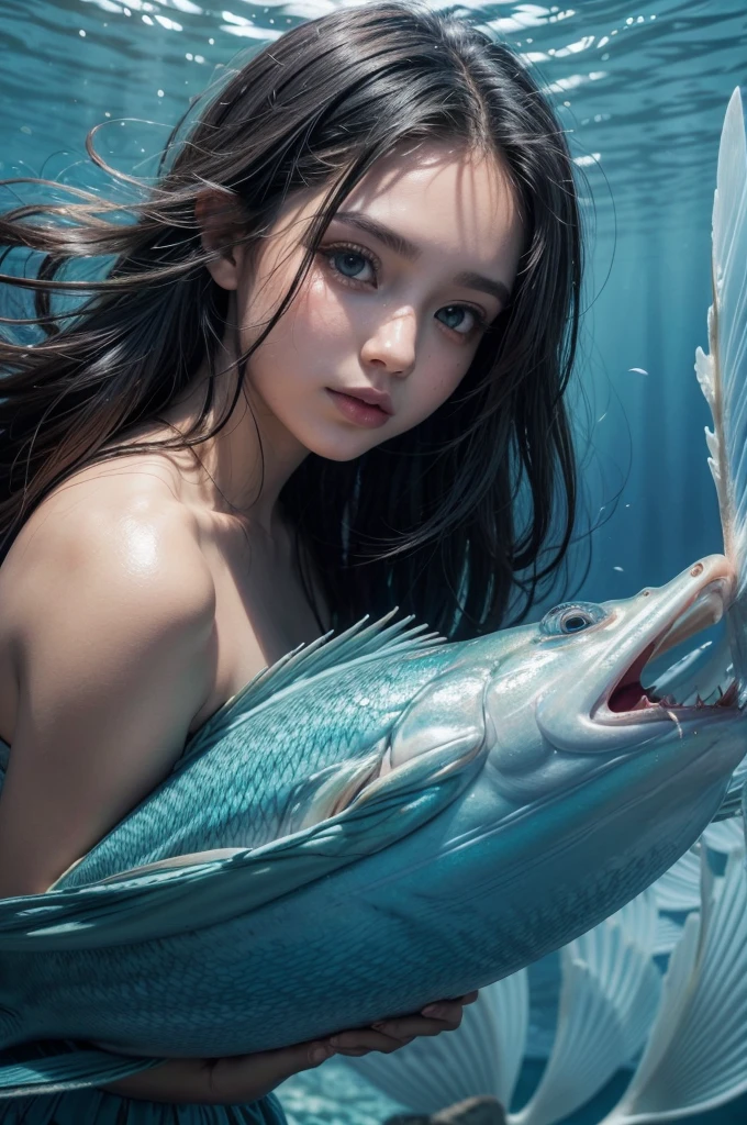 Pequena sereia de cabelos liso brincando com peixes grandes no oceano, oceano turquesa, illustration style, colorido brilhante