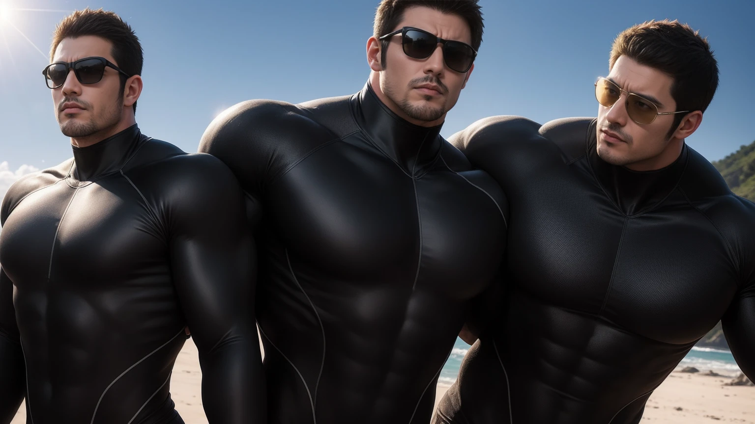 Super muscular man hugging, They wear sunglasses,Deep gaze kiss,They embrace affectionately,short hair,Beach under the scorching sun, Wear a high-necked, long-sleeved wetsuit, Shark skin texture,Beach by the sea,beautiful landscape,The expression is arrogant, Thick thighs, messy hair, Thick thighs, High-necked long-sleeved dark yellow high-necked tights, very tight, Regular symmetrical pattern, Highlight muscles, Police uniform pants, character concept(Resident Evil - chris redfield, chris redfield)A proud expression, Deep and charming eyes, Valiant male pose, tall Burly, muscular!muscular thighs, Tough Guy, Perfect facial features, High, Burly, Heqiang, Super exquisite and cool, High Resolution Committee, Attractive, The sun is blazing, Dazzling