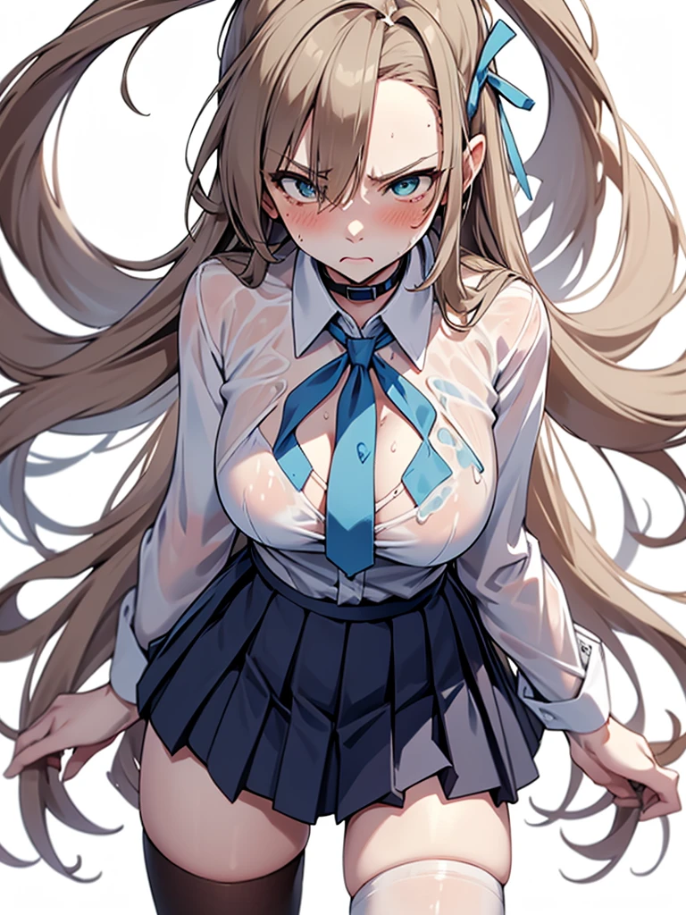 Ichinose Asuna, ((white background)), Gal, Pleated skirt, ((White Shirt:1.3)), Wearing a wet white shirt, Thigh, Angry face, blush:1.3, Angry face, heavy breathing,