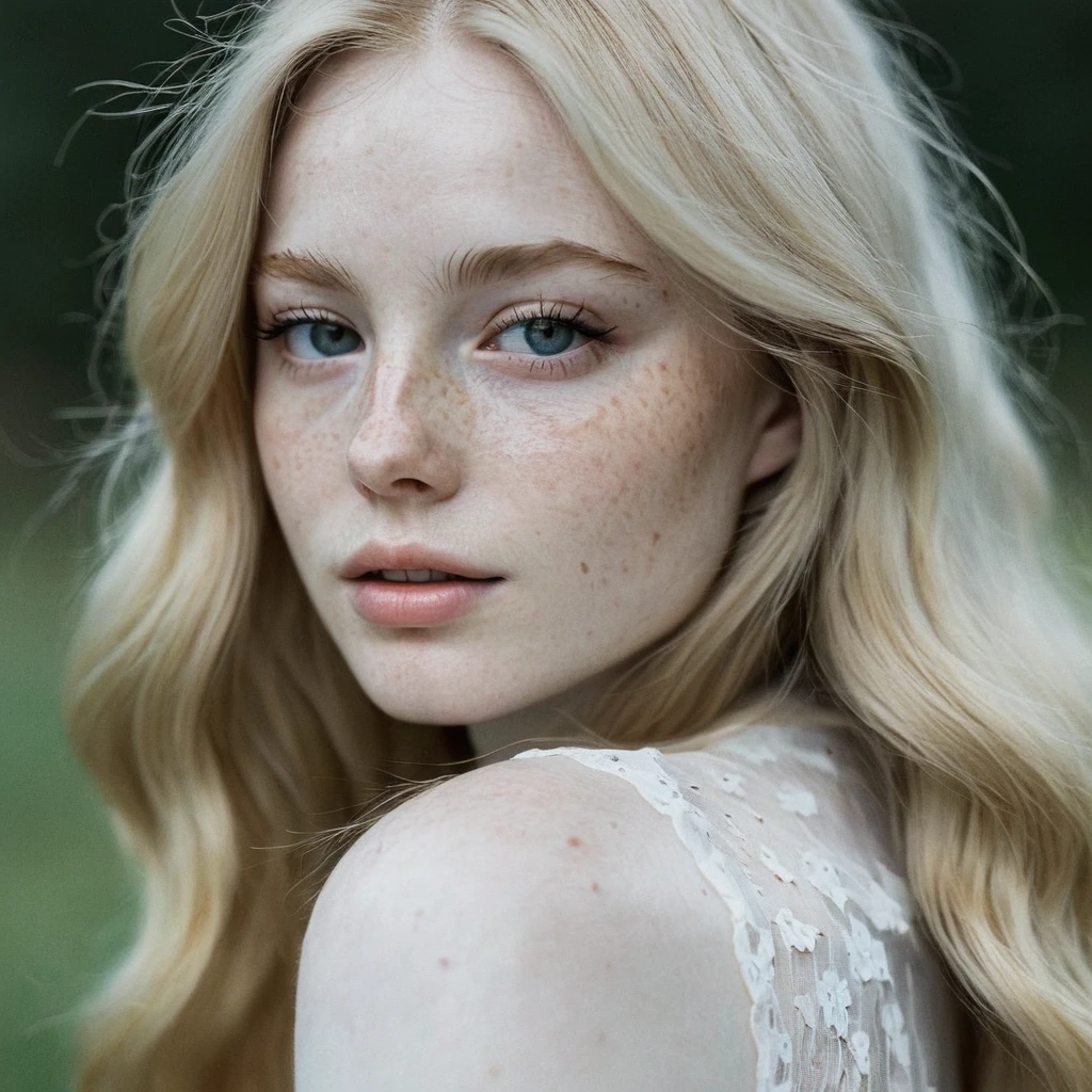 woman, pale skin and freckles, long blonde hair, seductive look
