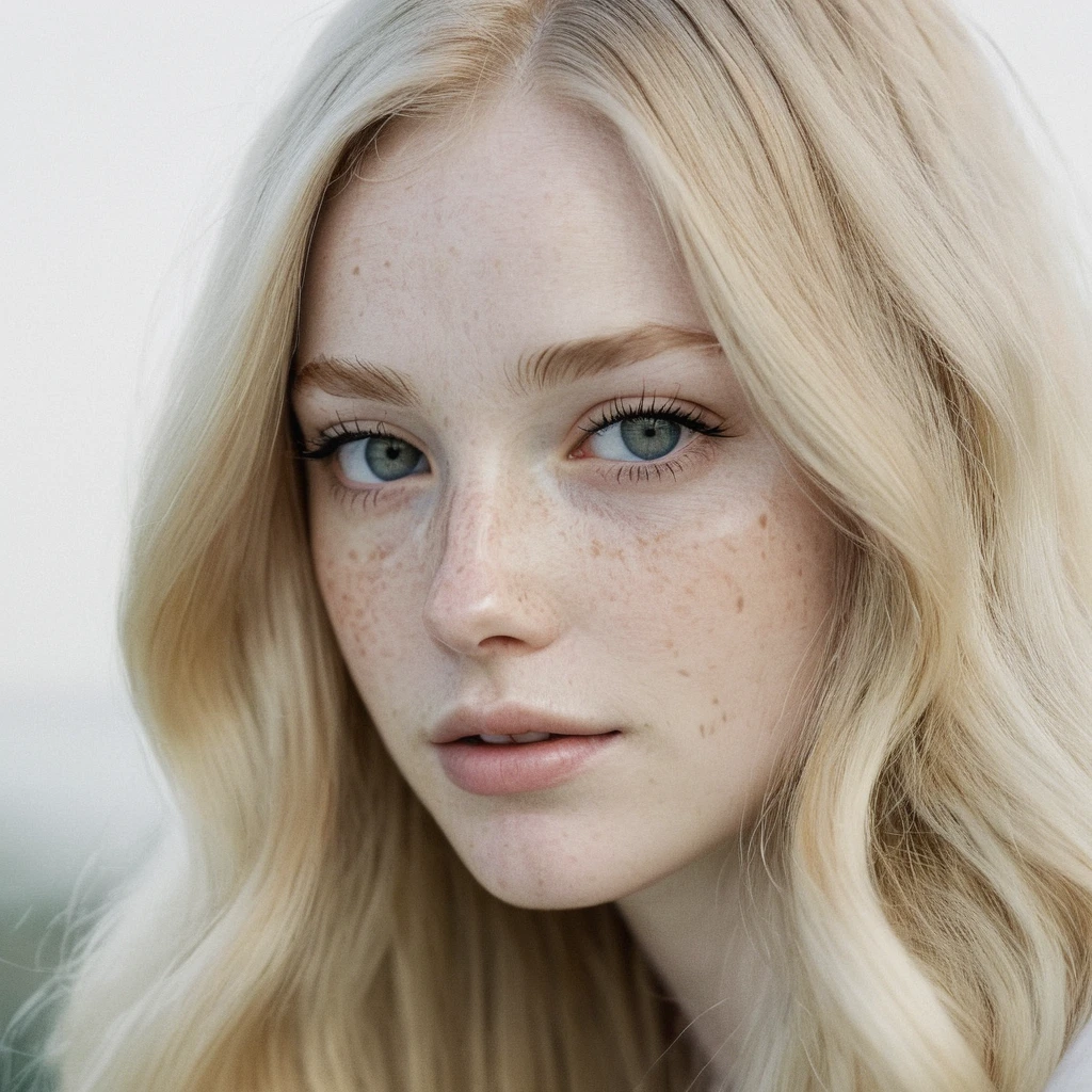 woman, pale skin and freckles, long blonde hair, seductive look