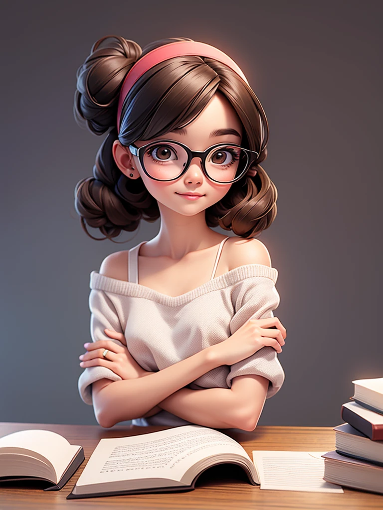 Cute girl, wearing glasses, shoulder-length hair tied in a dot, writing a book