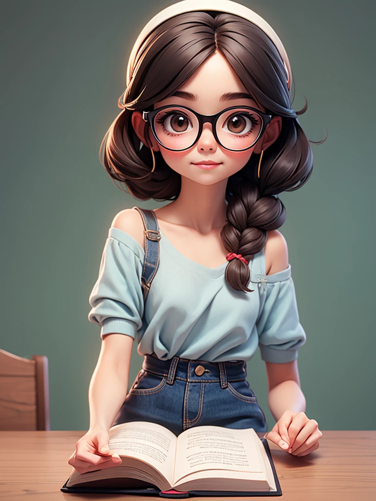 Cute girl, wearing glasses, shoulder-length hair tied in a dot, writing a book