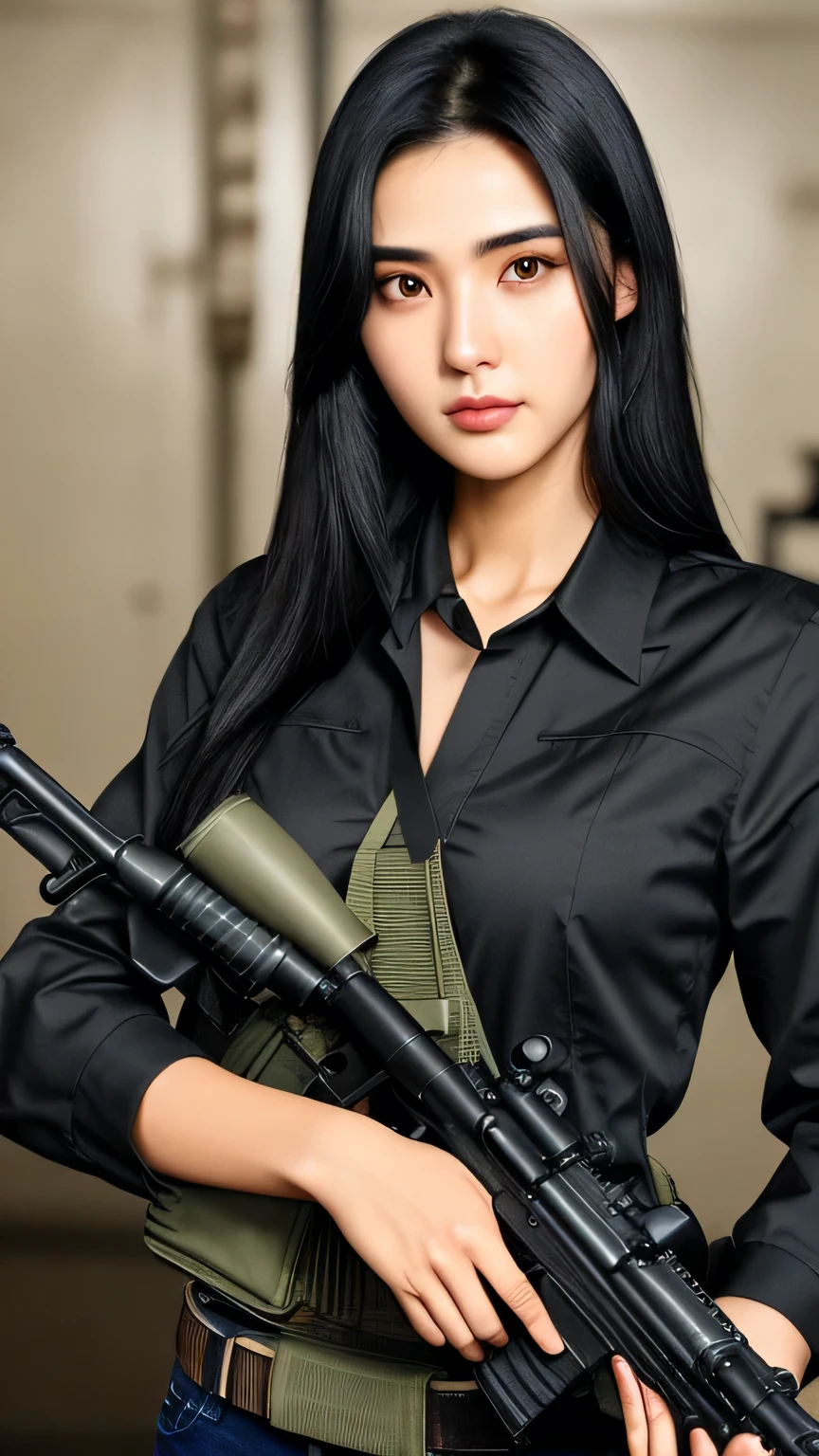 face , black hair, holding a machine gun,look at front