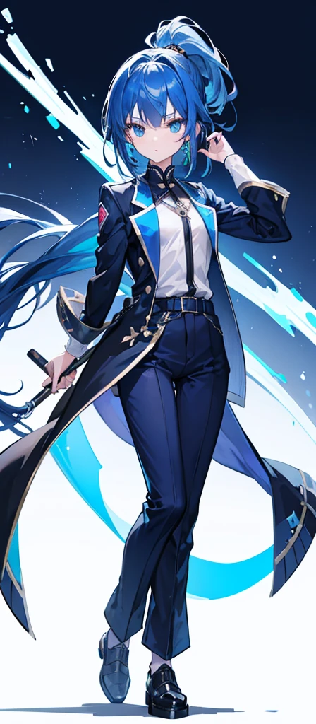 Girl，flat chest，Blue hair and eyes，High Ponytail，Dark blue long sleeves and jacket。trousers，Pure white background，Short stature。whole body。