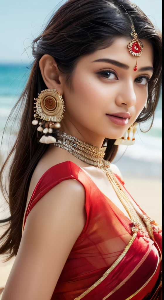 upper half body of (A hyper-realistic), (illustration), (high resolution), (8K), (highly detailed), (The best illustration of beautiful detailed image), (top-quality), (ultra-detailed), (​masterpiece), (beautiful attractive face), long hair, Earrings with bangs, ((20 year old Indian beautiful girl)) , (((wearing red Indian silk traditional sari draping ))) , (((Glamorous body))) , Elegant Pose, Seduction pose, Looking at the camera, beach background