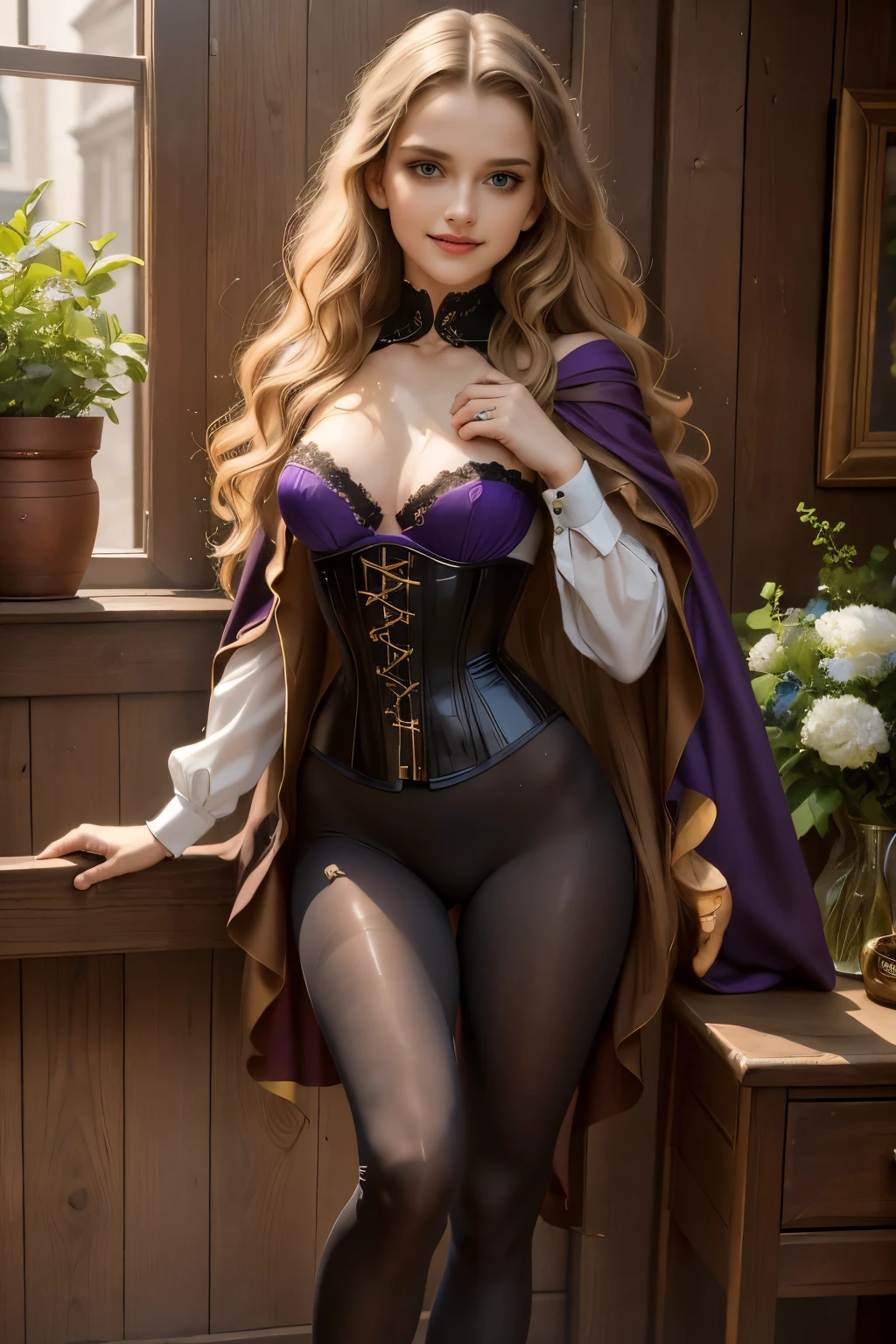 masterpiece), best quality,young Virginia Otis With flowing golden locks cascading down her slender neck,blonde Virginia Otis possesses captivating blue eyes filled with wisdom and curiosity. Her tall, lithe frame dons a revealing corset adorned with intricate lace patterns, showcasing her enviable hourglass figure. A pair of form-fitting black leggings emphasizes her toned legs, finishing just below her knees. Over this alluring ensemble, she drapes a regal velvet cloak that swirls dramatically around her feet when she moves. Her elegant fingers bear the weight of multiple ornate rings, each telling a tale of its own. A defiant smile plays upon her lips as she dares to step into the unknown, prepared to face whatever lies ahead—all while keeping an irresistible air of femininity and bravery intact. Donning a pair of sophisticated, yet practical oxford shoes, their black leather gleaming under the candlelight, Virginia completes her alluring ensemble. As for the colors of her clothing, the corset and leggings are adorned with meticulously placed silver sequins that sparkle in the flickering shadows, adding a hint of luxury to her daring attire. The velvet cloak features subtle hints of purple and gold threads woven into its rich fabric, echoing the mystique surrounding her life as an occult investigator. Her choice of jewelry consists mainly of silver accessories embellished with gemstones such as amethyst and topaz, symbolizing protection and clarity—attributes she deeply values in her work