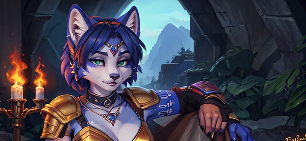 A beautiful and detailed (sweet portrait) von ((Krystal)), Sternenfuchs Krystal, Schlank, liebenswert, green eyes, medium breasts, (((Lange blaue Haare 1.3))), ((schwarze haarspitzen)), Dekollete, Grinsen, hoch schauen,, anthro, Pelzig, Hochgeladen E621, detailed flauschige fur, (von Fluff-Kevlar, Bayard Wu, Personalami, Pino Daeni), detailliertes Gesicht, (flauschige), 1 girl, Allein, Stammes-Kleidung, sweet girl, solo, wears a light armor