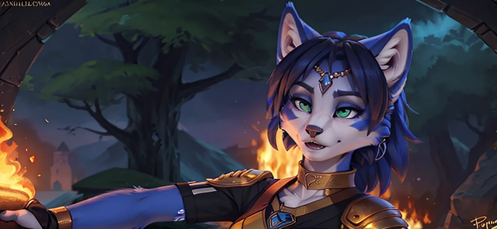 A beautiful and detailed (sweet portrait) von ((Krystal)), Sternenfuchs Krystal, Schlank, liebenswert, green eyes, medium breasts, (((Lange blaue Haare 1.3))), ((schwarze haarspitzen)), Dekollete, Grinsen, hoch schauen,, anthro, Pelzig, Hochgeladen E621, detailed flauschige fur, (von Fluff-Kevlar, Bayard Wu, Personalami, Pino Daeni), detailliertes Gesicht, (flauschige), 1 girl, Allein, Stammes-Kleidung, sweet girl, solo, wears a light armor