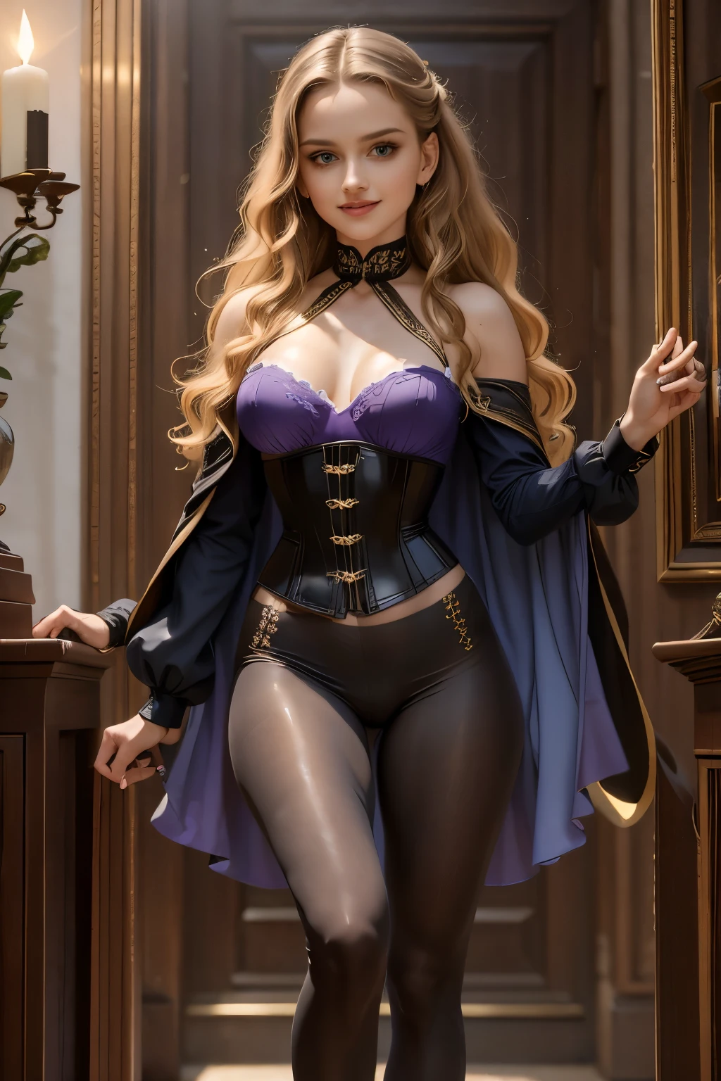masterpiece), best quality,young Virginia Otis With flowing golden locks cascading down her slender neck,blonde Virginia Otis possesses captivating blue eyes filled with wisdom and curiosity. Her tall, lithe frame dons a revealing corset adorned with intricate lace patterns, showcasing her enviable hourglass figure. A pair of form-fitting black leggings emphasizes her toned legs, finishing just below her knees. Over this alluring ensemble, she drapes a regal velvet cloak that swirls dramatically around her feet when she moves. Her elegant fingers bear the weight of multiple ornate rings, each telling a tale of its own. A defiant smile plays upon her lips as she dares to step into the unknown, prepared to face whatever lies ahead—all while keeping an irresistible air of femininity and bravery intact. Donning a pair of sophisticated, yet practical oxford shoes, their black leather gleaming under the candlelight, Virginia completes her alluring ensemble. As for the colors of her clothing, the corset and leggings are adorned with meticulously placed silver sequins that sparkle in the flickering shadows, adding a hint of luxury to her daring attire. The velvet cloak features subtle hints of purple and gold threads woven into its rich fabric, echoing the mystique surrounding her life as an occult investigator. Her choice of jewelry consists mainly of silver accessories embellished with gemstones such as amethyst and topaz, symbolizing protection and clarity—attributes she deeply values in her work