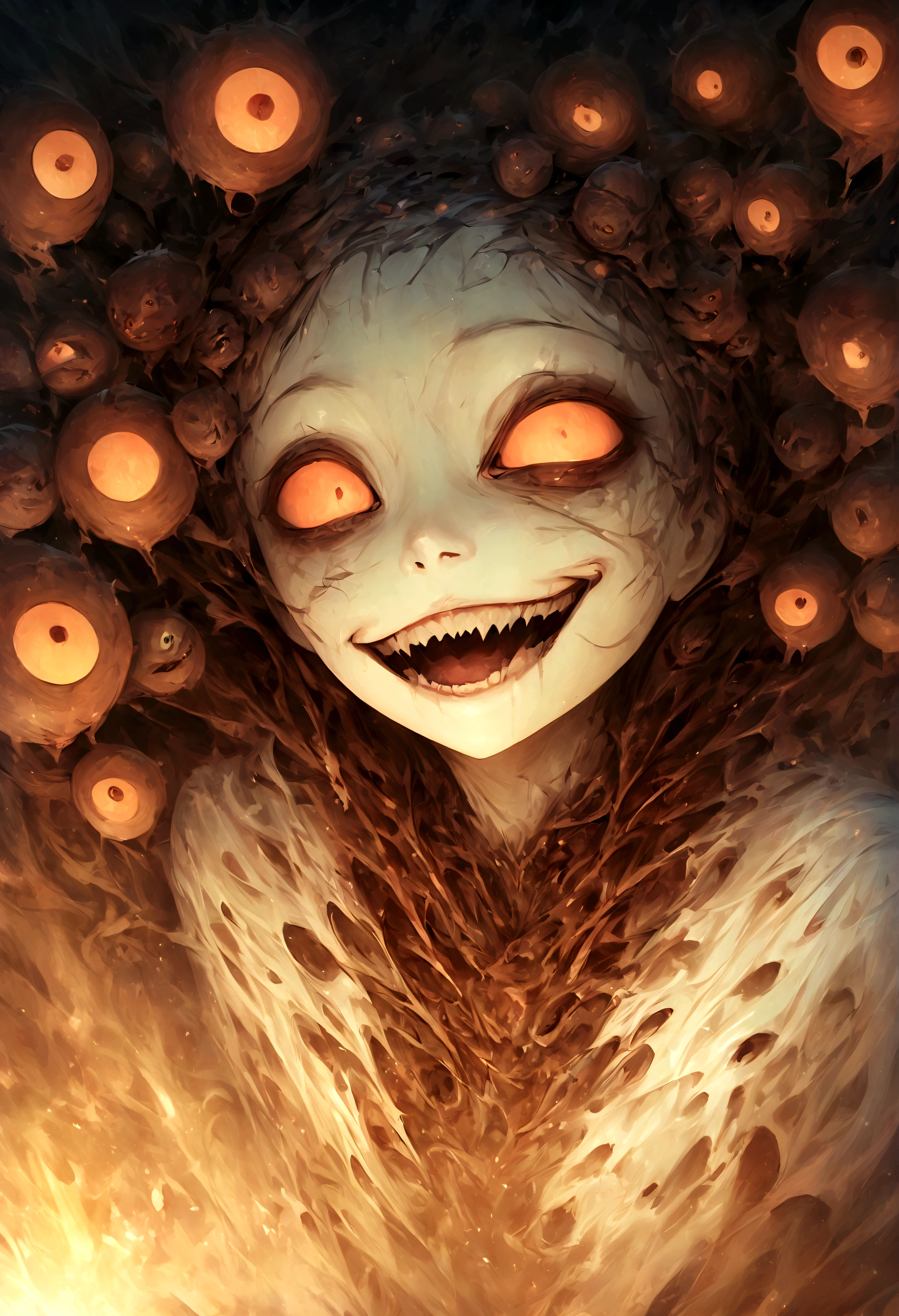 an image of a creepy face with many eyes and a big smile on her face, creepy art, digital art 4k unsettling, surreal dark art, creepy smile, anton semenov, scary art, creepy surrealism, dark surreal art, creepy smiles, cute face. dark fantasy, highly detailed dark art, dark-art, dark - art, horror surreal art, beautifully disturbing, large eyes and menacing smile, unsettling grin, creepy evil smile, dark surrealism, scary and dark