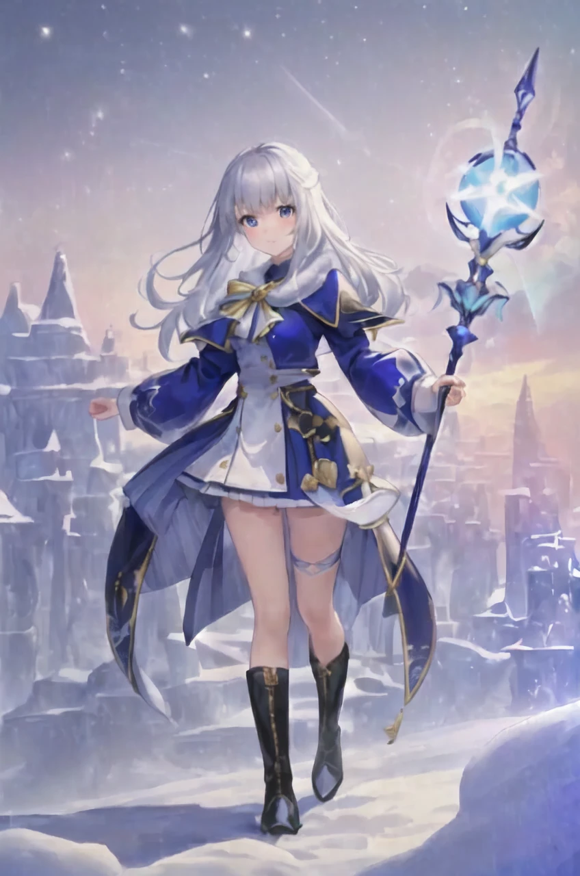 (master piece:1.3, best quality:1.3, ultra detailed:1.3), CG, 8k, illustration, cute face, kawaii, 1girl, solo, shiny hair, shiny skin, (silver medium hair, straight hair), laugh, (cobalt blue eyes), (Standing Upright), natural hand poses, (face and body straight at the camera:1.3), (full body:1.3), 1.6m tall, short height, small breasts, small ass, slim, cool face, (marine blue healer's dress:0.8, long sleeve, white thighhighs, boots), (hold a healer's staff with blue magic stone), (fantasy world:1.4), (outdoors, snow field, Snowy Day, in the morning)
