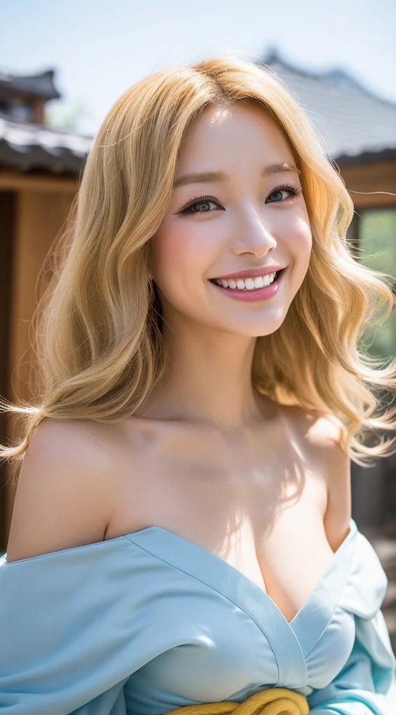 (top-quality、8K、32K、​masterpiece、nffsw:1.2)、1 girl in、beautfull Japanease woman、((Golden hair))、Fancy makeup、thin-waist、Beautiful Women in Perfect Style：1.4、Colossal tits:1.3、finerly detailed face、A smile、vintage dress、breastsout、 Leaning forward,