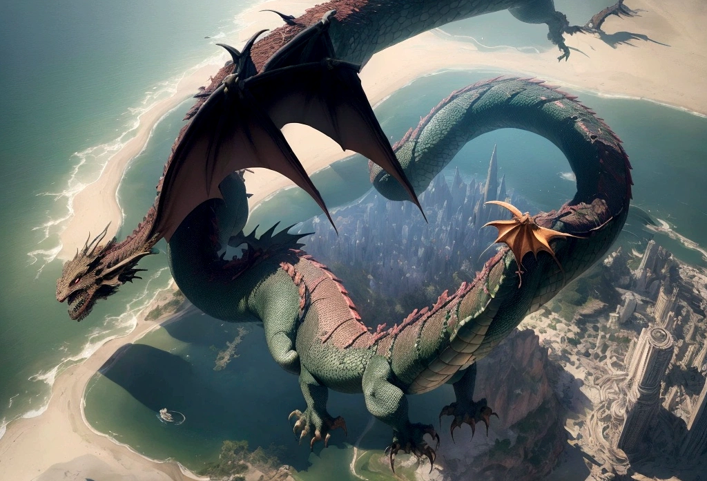 ((picture taken  from above the back of the dragon: 1.5)), arafed, a picture of a dragon flying above a modern city, modern city is laid underneath, there is river beneath the dragon, its shadow is cast on the water dragon wings spread wide, dynamic color dragon, you see the back of the dragon, its majestic wings, its tail and the city and river it is flying above, , panoramic view (Masterpiece, intense details: 1.5) , Wide-Angle, Ultra-Wide Angle, dynamic light, Cinematic Hollywood Film style