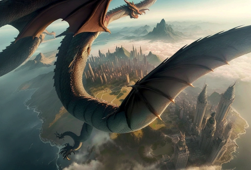((picture taken from above the back of the dragon: 1.5)), arafed, a picture of a dragon flying above a modern city, modern city is laid underneath, there is river beneath the dragon, its shadow is cast on the water dragon wings spread wide, dynamic color dragon, you see the back of the dragon, its majestic wings, its tail and the city and river it is flying above, , panoramic view (Masterpiece, intense details: 1.5) , Wide-Angle, Ultra-Wide Angle, dynamic light, Cinematic Hollywood Film style