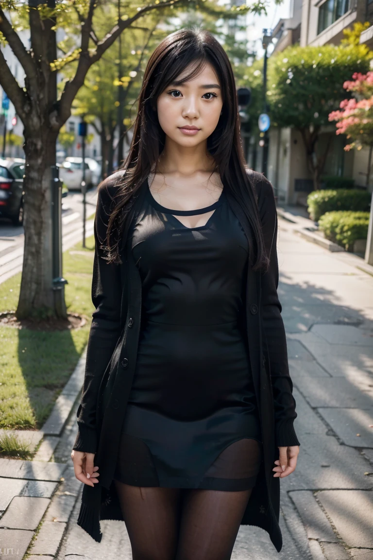 1girl, Solo, One Japanese woman of about 25 years old, black long elegant hair style,  black eyes, cardigan, knee-length dress, heels, black pantyhose ,park photography, whole body, body measurement 36-25-35, RAW Photography, 8k, , Masterpiece, Full Body Shooting, Top Quality, Fine Pore, Realistic, Photorealistic, Ultra Detailed