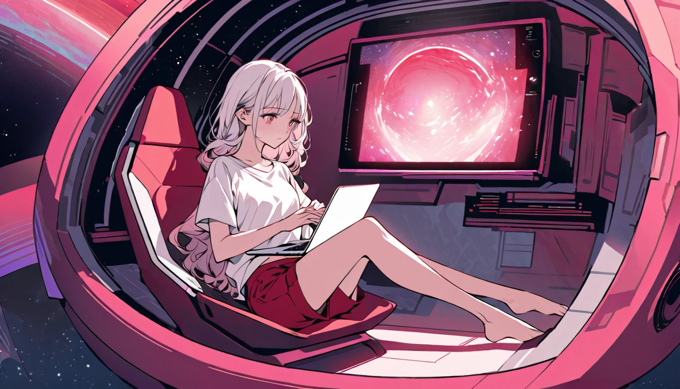Create a digital anime illustration in rosy hues, featuring a beautiful woman with long white hair sitting inside a spaceship journeying through the cosmos. Her graceful posture exudes nonchalance, with one leg casually crossed over the control panel and a laptop resting on her lap as she works diligently. Outside the viewport, a reddish-pink planet shimmers, adding depth and mystery to the scene. Her lovely face portrays a mix of contemplation and focus as she immerses herself in her work. She is clad in a loose-fitting red and white t-shirt and crimson shorts. The illustration should convey a sense of calm concentration and feminine allure.