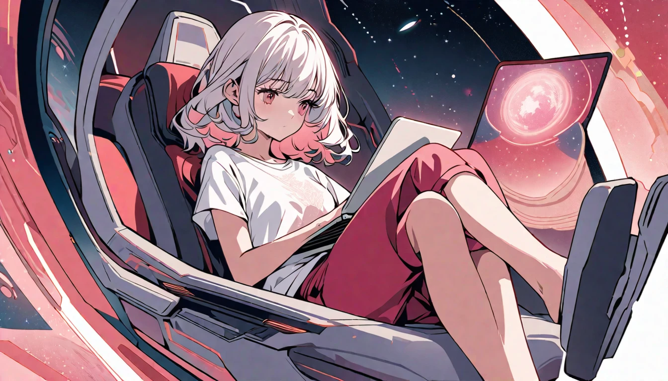 Create a digital anime illustration in rosy hues, featuring a beautiful woman with long white hair sitting inside a spaceship journeying through the cosmos. Her graceful posture exudes nonchalance, with one leg casually crossed over the control panel and a laptop resting on her lap as she works diligently. Outside the viewport, a reddish-pink planet shimmers, adding depth and mystery to the scene. Her lovely face portrays a mix of contemplation and focus as she immerses herself in her work. She is clad in a loose-fitting red and white t-shirt and crimson shorts. The illustration should convey a sense of calm concentration and feminine allure.