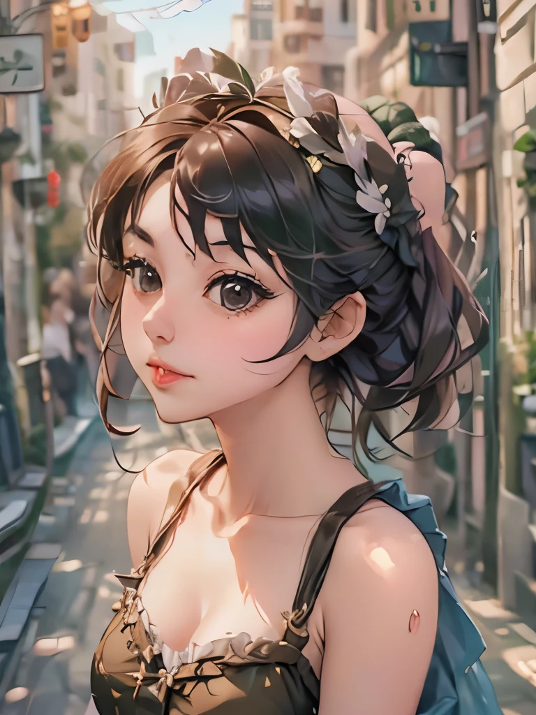 Create digital artwork in the Pop Art style, Featuring a vibrant and confident young Asian girl，street fashion, Movie color scheme, Surrounded by vintage flower motifs, Vibrant brushstrokes,Emotions should be dynamic, Upper body, Drawing, illustration, escala cinza, tropical, Many flowers,