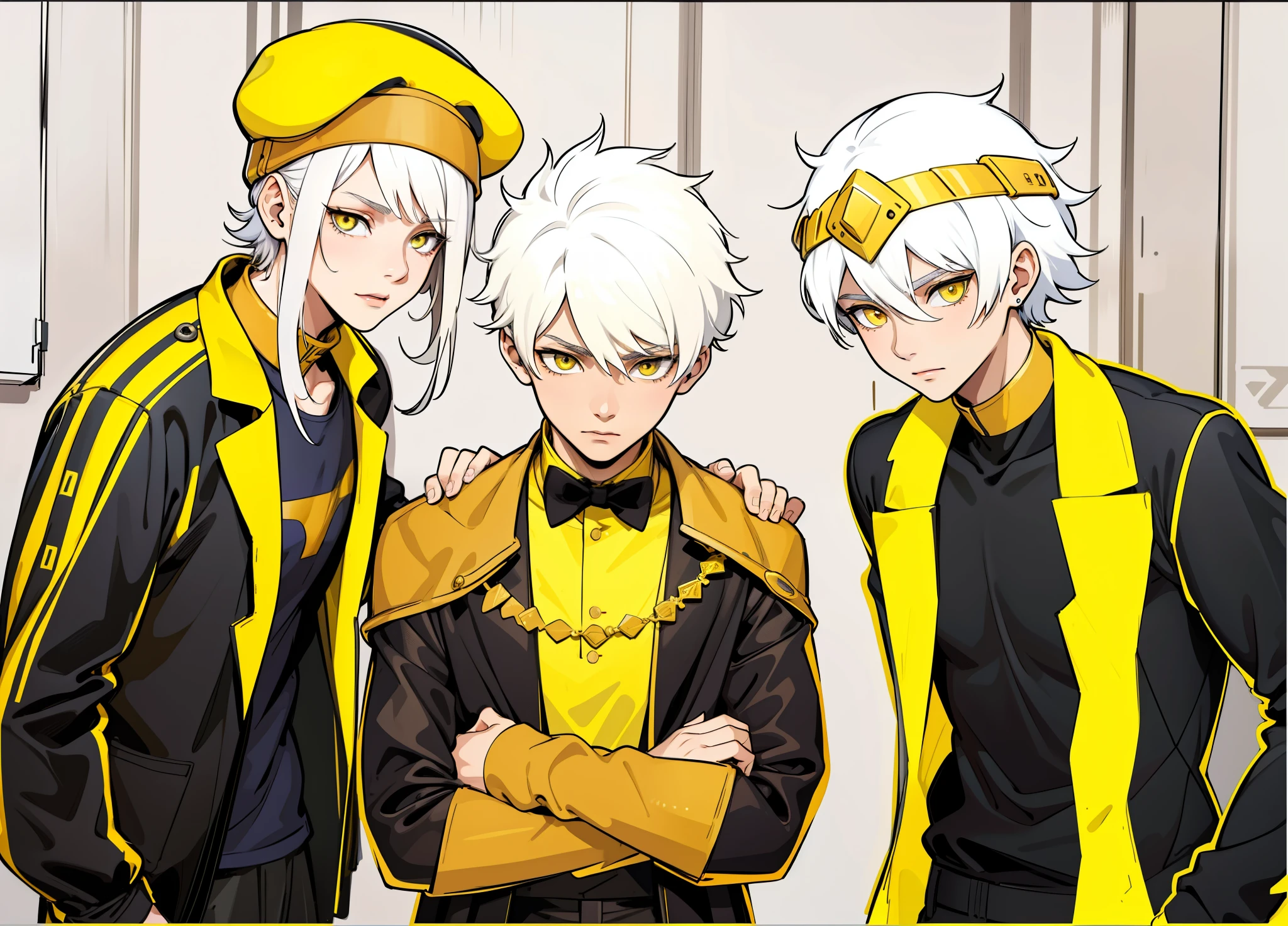 There is a girl and two 12-year-old boys who are secretly talking about something important. They are 13 years old. They have white hair, big yellow eyes, they have gold jewelry, black and yellow clothes.