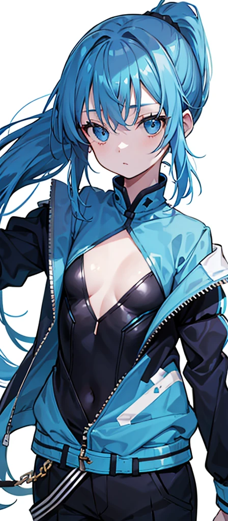 Girl，flat chest，Blue hair and eyes，High Ponytail，Dark blue long sleeves and jacket。trousers，Pure white background，Short stature。