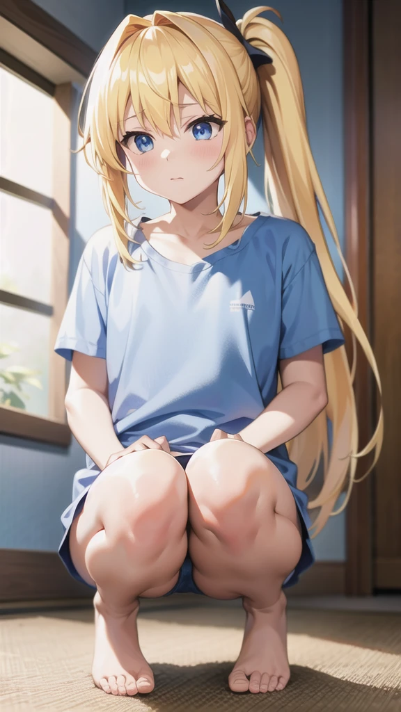 masterpiece, best quality, highres, BREAK , phyami, yamisch,  long hair, blonde hair, pony tail, blue eyes, brm, white t-shirt with blue collar, blue buruma, BREAK, very wide shot, hands on knees, knees