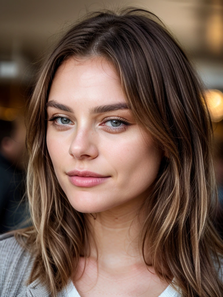 Belle brune aux reflets blonds portant un pull beige (in a café drinking soda), Very detailed, 22 ans, visage innocent, natural wavy hair, yeux bleus, High resolution, masterpiece, Best quality, intricate high detail, highly detailed, mise au point nette, detailed skin, realistic skin texture, texture, detailled eyes, professionnel, 4K, sourire charmant, filmed on Canon, 85 mm, faible profondeur de champ, Couleur Kodak Vision, perfect fit body, Extremely detailed, photographier_\(ultra\), photoreallistic, Realstic, Post-traitement, Maximum details, roughness, real life, ultra realist, photorealism, photographie, 8K UHD, photographie
