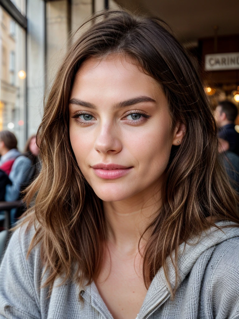 Belle brune aux reflets blonds portant un pull beige (in a café drinking soda), Very detailed, 22 ans, visage innocent, natural wavy hair, yeux bleus, High resolution, masterpiece, Best quality, intricate high detail, highly detailed, mise au point nette, detailed skin, realistic skin texture, texture, detailled eyes, professionnel, 4K, sourire charmant, filmed on Canon, 85 mm, faible profondeur de champ, Couleur Kodak Vision, perfect fit body, Extremely detailed, photographier_\(ultra\), photoreallistic, Realstic, Post-traitement, Maximum details, roughness, real life, ultra realist, photorealism, photographie, 8K UHD, photographie