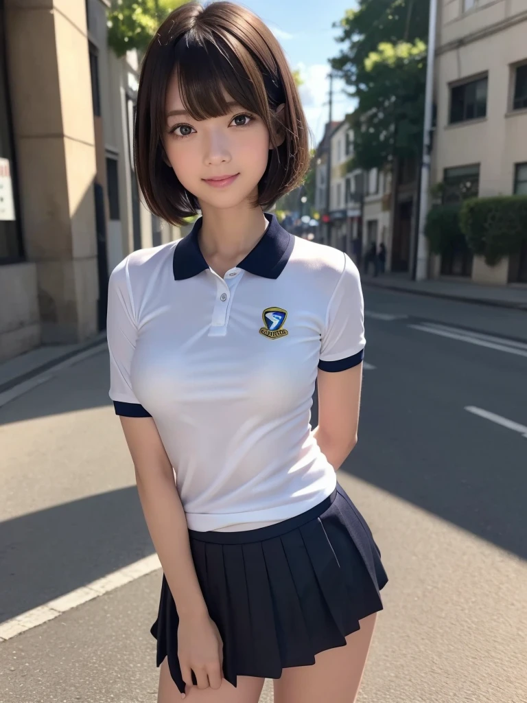 (8k, RAW Photos, highest quality, masterpiece:1.2), (Realistic, photo-Realistic:1.4), (Highly detailed 8k wallpaper), ((Full Body Shot)), (1 girl), Sharp focus, Depth of written boundary, Cinematic lighting, Soft Light, 緻密な美しさのeye, eye_Chan, Very beautiful 17 year old girl, innocent big eyes, Realistic, photo Realistic, Highly detailed cute girl, (Thin thighs), (Model Body Type), (((Team SUZUKI ECSTAR MotoGP polo shirt))), ((Micro Mini Pleated Skirt)), (((Fold your arms in front of your chest and act arrogantly))), ((A happy smile)), Parted lips, Watching the audience, (On the streets of Britain) , (Brown Hair),（Short Bob Hair), (Asymmetrical bangs)