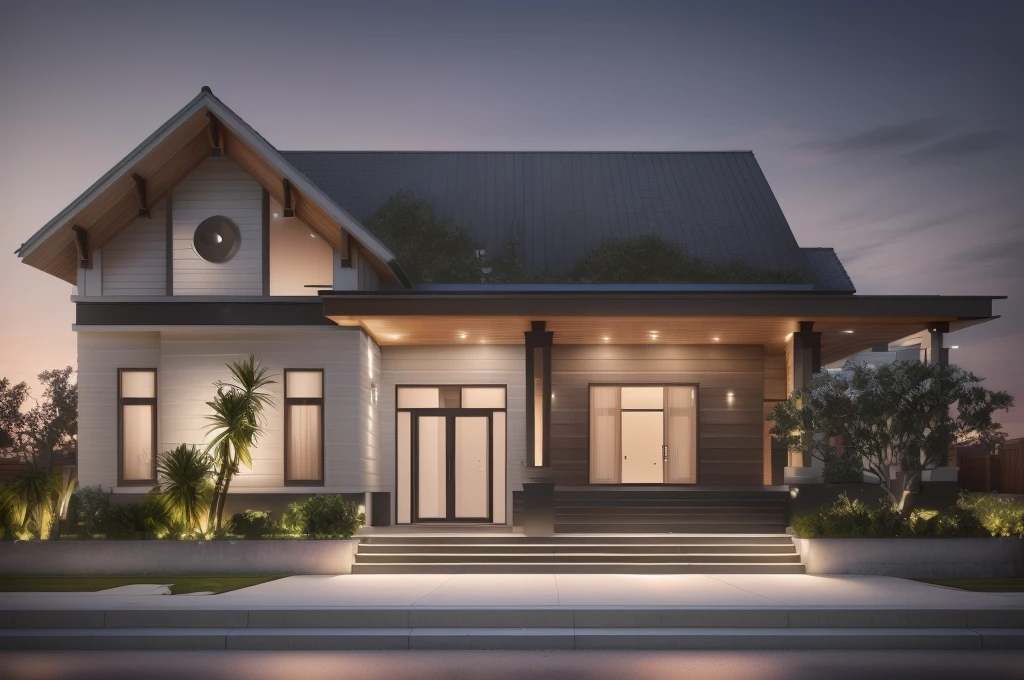 a rendering of a modern house with a front porch and a covered porch, exterior design, overall architectural design, contemporary house, arhitectural shot, beautifully detailed render, neotraditional modern, front view dramatic, pristine and clean design, residential design, clean and pristine design, beautiful rendering, beatiful house, one house, very realistic render, concept house, modern house