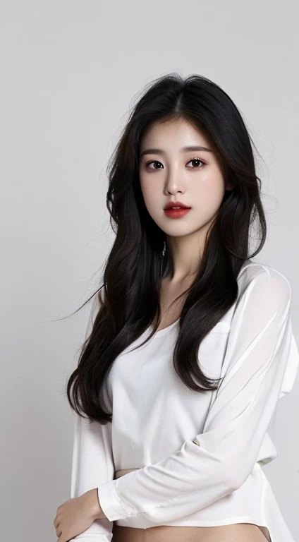 a white shirt (((masterpiece, highest quality)), no panties, 1 girl, (photorealistic: 1.4), solo, white background, black hair, long hair, absolute area, skirt, ((full body)),  