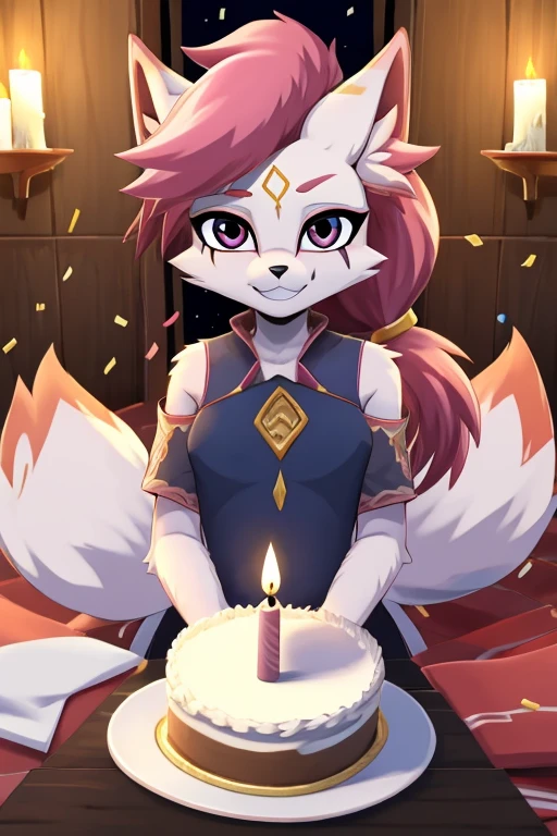 kimiko, furry female anthro, white body fur, Pink hair, multiple tails, solo, (best quality), anime style, short ponytail, scar on the eye, confetti everywhere, Holding the cake, one candle on cake, ordinary closed clothes, birthday, facing the viewer, detailed background, best quality, ultra detail, good lighting, solo, high quality, masterpiece, detailed body fur, best quality, perfect hair, happy 