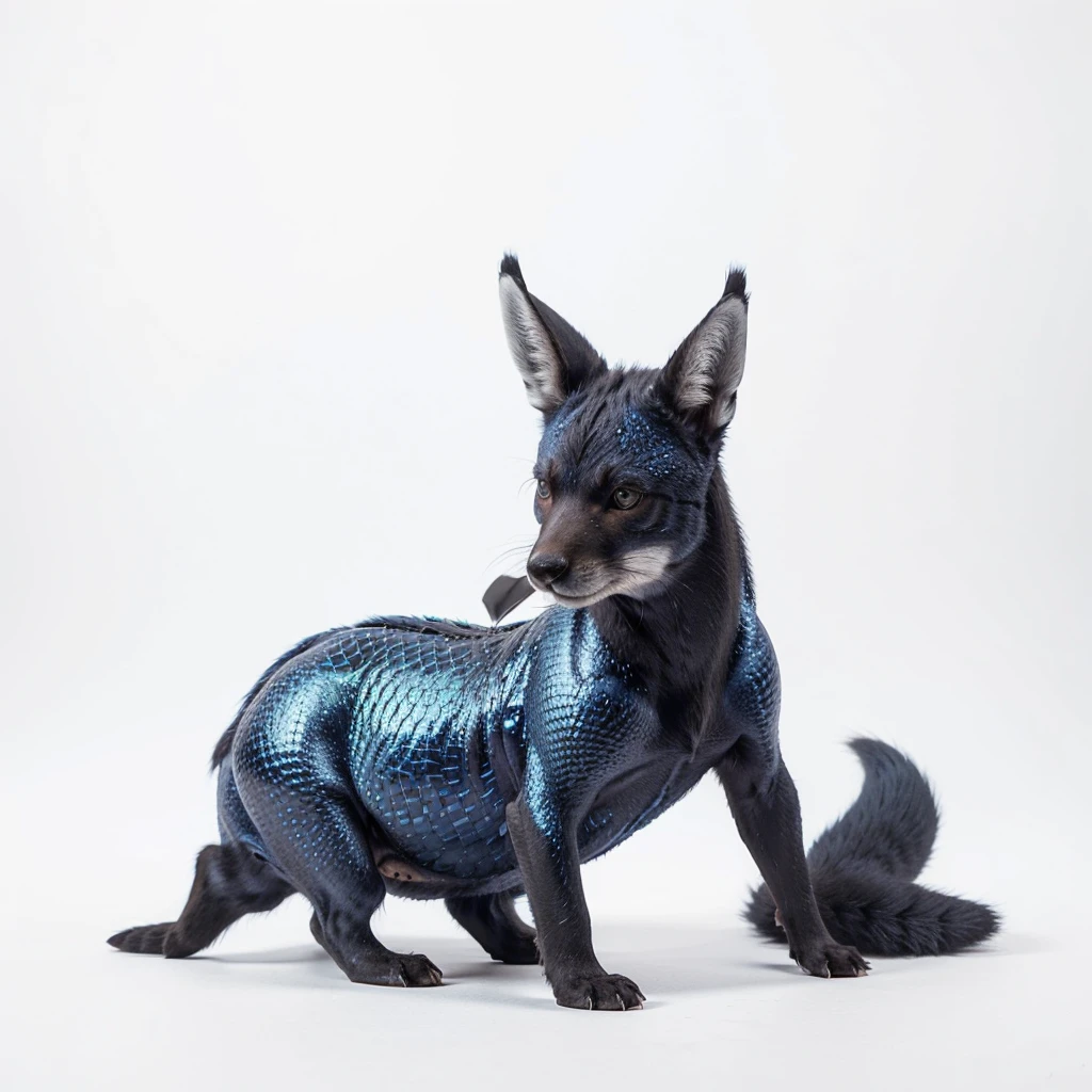 Small Animaly, black and blues colour skins, has scales, his body is shaped like a Fox but his face is like a Moose, silver colour skins, Grassroots background, (white background simpleks)